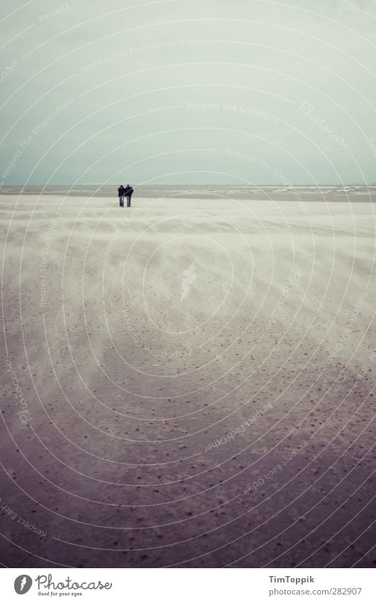 Nowhere #4 Beach Together Lovers Sand Sandy beach Sandstorm Langeoog Ocean Waves To go for a walk Walk on the beach Couple Gale Sadness Sentimental Trust