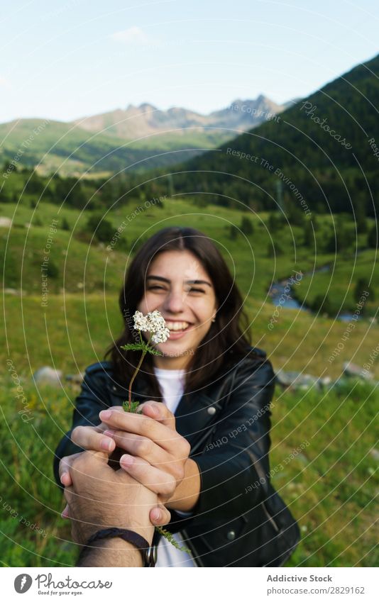 Person giving flower to woman Woman Flower Meadow Field Hand Photographer Summer Nature Girl Youth (Young adults) Beautiful Happy Beauty Photography Green Joy