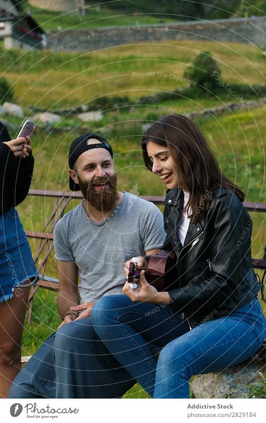 Friends singing in nature Woman Man Music Ukulele Beautiful Happy Youth (Young adults) Listening performing Joy Musician instrument Summer Guitar