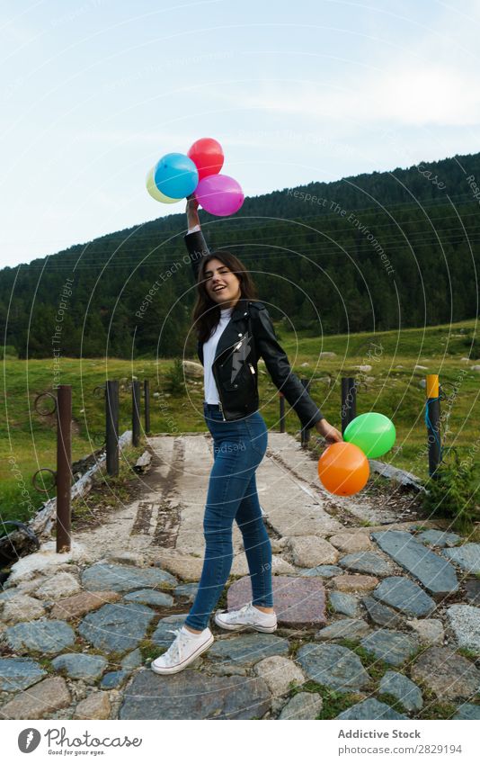 Woman posing with balloons Nature pretty Posture Looking into the camera Freedom Joy Beautiful Human being Beauty Photography Happiness Happy