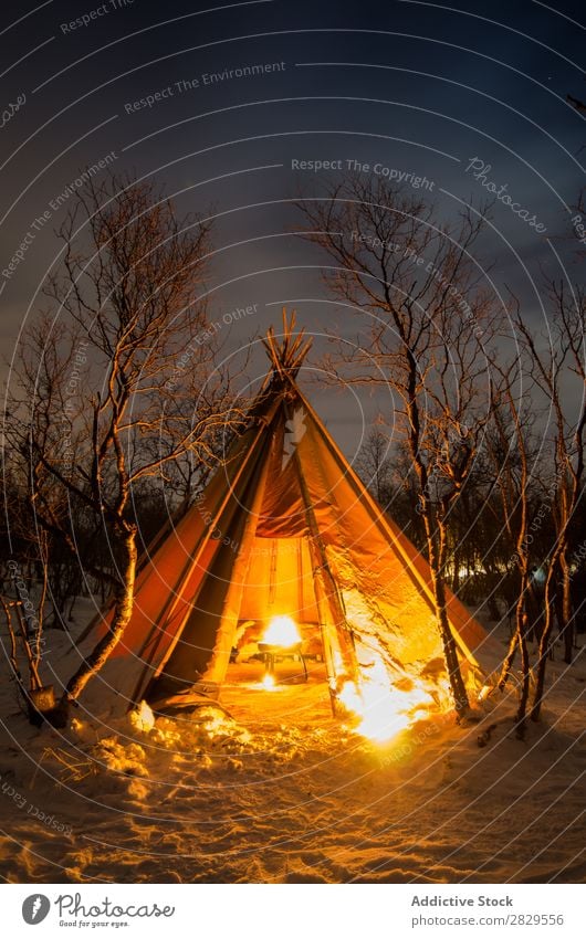 Tent with bonfire at night Winter Nature Cold North Covered Bonfire Light Night Forest Snow Seasons White Landscape Ice Frost Vacation & Travel Mountain