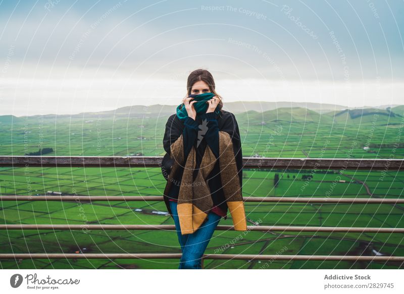 Woman on terrace with amazing panoramic view Terrace Panorama (Format) Field Style Nature Cold Environment Landscape Fog Agriculture Horizon agricultural Stand