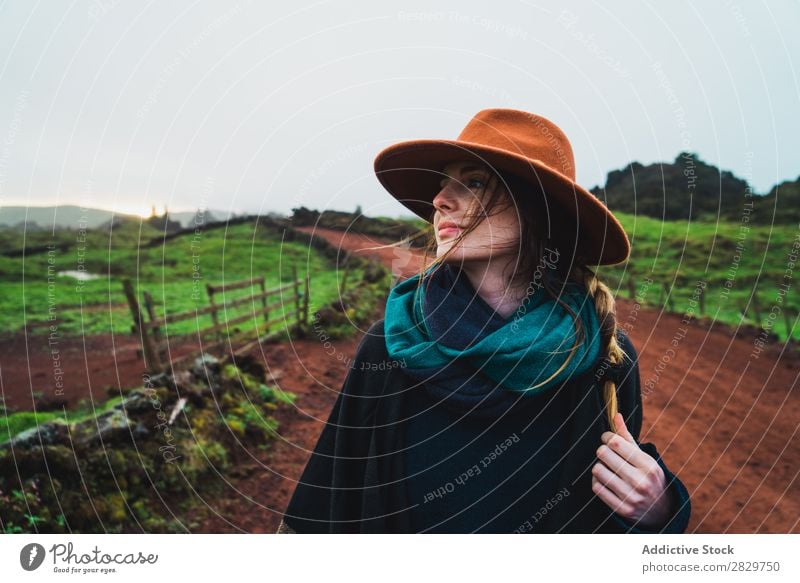 Woman on rural green road Nature Rural Landscape Street Fog Cold Lanes & trails pathway Countries Dream Calm Stand Tourism tranquil Pensive Vacation & Travel