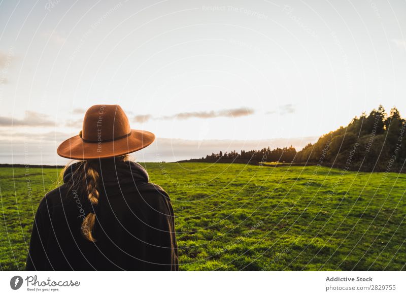 Woman in green cold fields Grassland Freedom Field Peaceful Nature Rural Wilderness scenery Stand Green Landscape Fog Dream Pasture Tourism tranquil Valley Cold