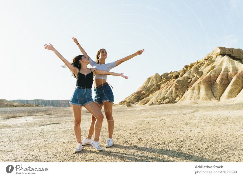 Women posing in sandy hills Woman Posture Nature pretty eyes closed Hands up! Smiling Cheerful Happy Youth (Young adults) Beautiful Natural Beauty Photography