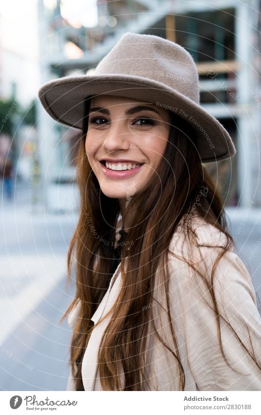 Young smiling woman wearing hat Woman Cool (slang) Cheerful Smiling Looking into the camera Style Hat Street Posture pretty Beautiful Fashion Model Girl