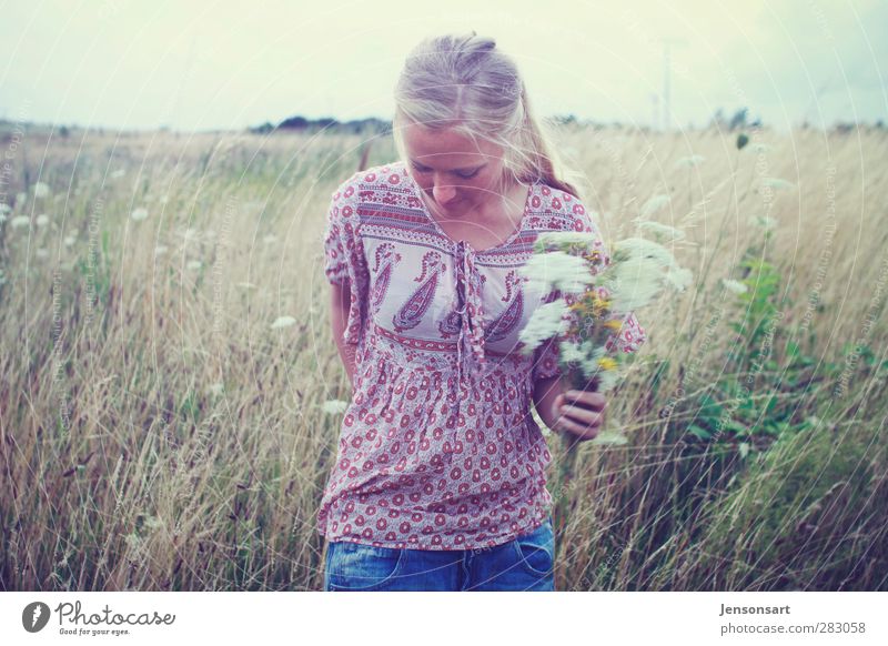 Blond girl on a flower meadow Human being Feminine Young woman Youth (Young adults) 1 18 - 30 years Adults Nature Summer Flower Blonde Bangs Walking Free