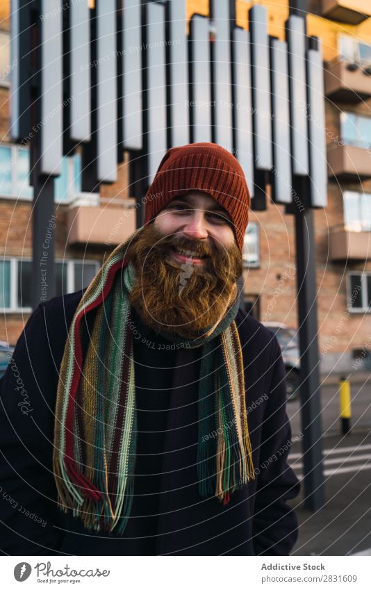 Cheerful bearded man on street Man handsome Smiling Beard Looking into the camera City Street Youth (Young adults) Town Lifestyle Easygoing Fashion Style Adults