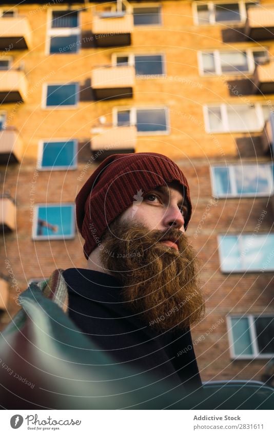 Cheerful bearded man on street Man handsome Smiling Beard City Street Youth (Young adults) Town Lifestyle Easygoing Fashion Style Adults Modern Human being