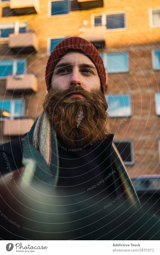 Cheerful bearded man on street Man handsome Smiling Beard City Street Youth (Young adults) Town Lifestyle Easygoing Fashion Style Adults Modern Human being