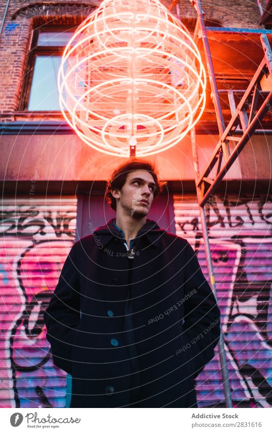 Man posing under neon circle handsome City eyes closed Neon Stand Street Youth (Young adults) Town Lifestyle Easygoing Fashion Circle Style Adults Modern