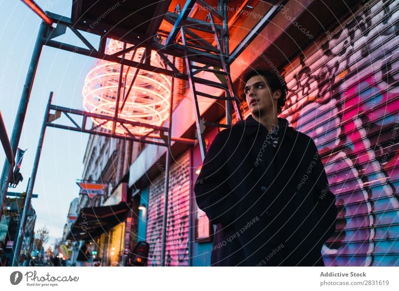 Man posing under neon circle handsome City Neon Stand Street Youth (Young adults) Town Lifestyle Easygoing Fashion Circle Style Adults Modern Human being