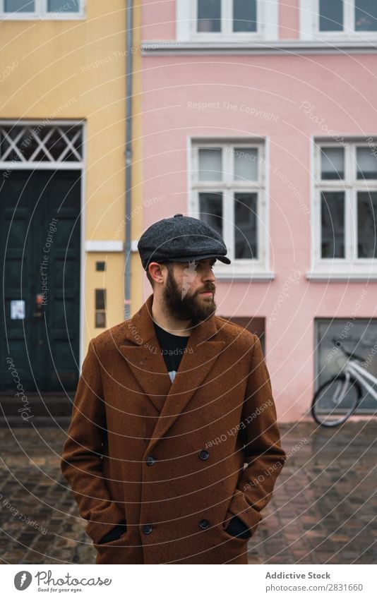 Bearded man in coat Man handsome City Style Coat Cap Hat Street Youth (Young adults) Town Lifestyle Easygoing Fashion Adults Modern Human being Hip & trendy