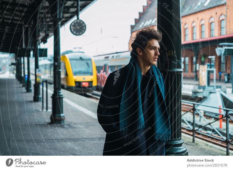 Young stylish man on station Man handsome City Street Station Railroad Passenger Wait Youth (Young adults) Town Lifestyle Easygoing Fashion Style Looking away