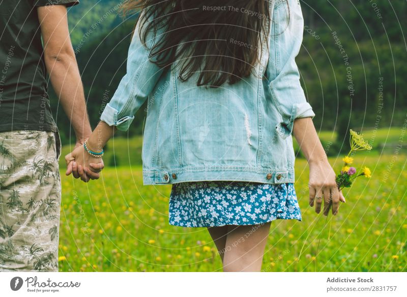 Couple walking on meadow in hills Meadow Hill holding hands Nature Summer Human being Man Woman Love Grass Beautiful Together Youth (Young adults) Happy