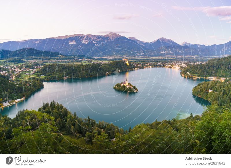 Aerial view to small island in lake Lake Island Mountain Landscape Nature Vacation & Travel Water Summer Beautiful Vantage point Aircraft scenery Tourism Green