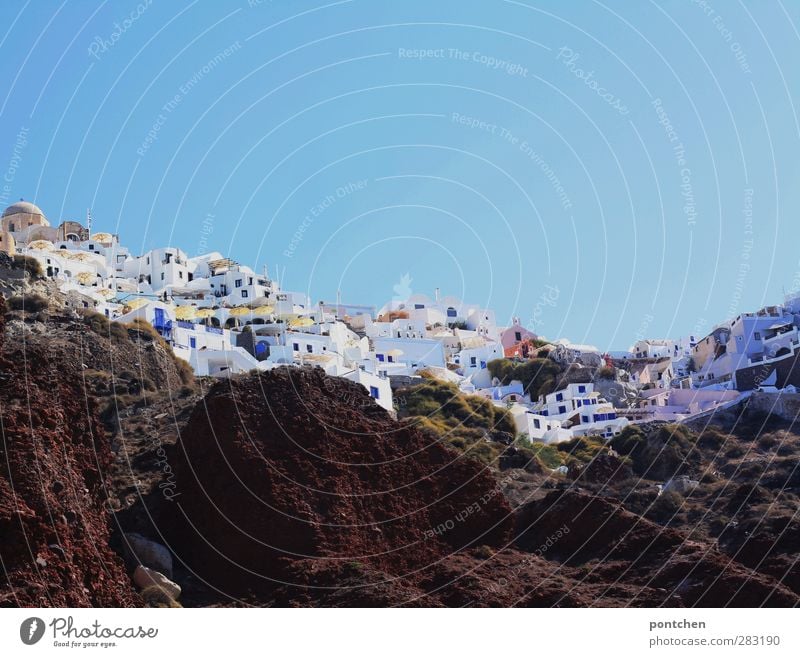 Rocks and white houses on Santorini. Typical Greek white-blue houses House (Residential Structure) Blue White Greece vacation Tourism idyllically typical Europe