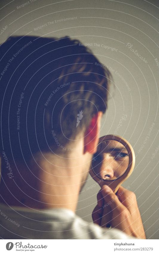 The mirror Masculine Man Adults Head Eyes 1 Human being 30 - 45 years Hand mirror Short-haired Glass Observe Looking Retro Blue Gray Inhibition Jealousy