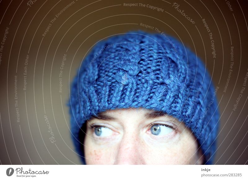 the blue cap I Woman Adults Face Eyes 1 Human being 30 - 45 years Winter Fashion Wool Cap Woolen hat Looking Cuddly Above Warmth Soft Blue Cold Protection