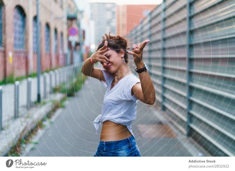 Stylish expressive girl posing at street Woman Style Playful Street gesturing Youth (Young adults) Vacation & Travel Indicate pointing at camera Town Cheerful