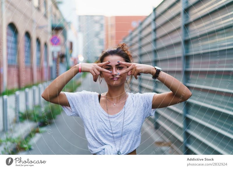 Stylish expressive girl posing at street Woman Style Playful Street gesturing Youth (Young adults) Vacation & Travel Indicate Town Cheerful Happiness Posture