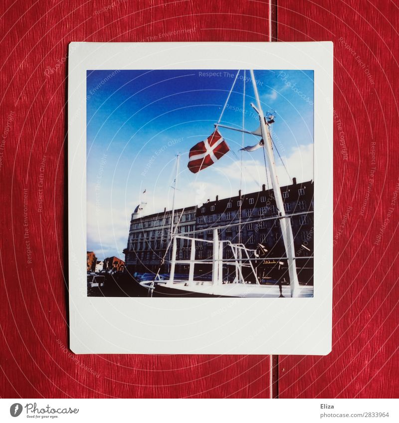 Denmark Capital city Maritime Danish flag Copenhagen Flag Harbour Polaroid Mast Summer Blue sky Navigation Watercraft Freedom Analog Sailing Colour photo