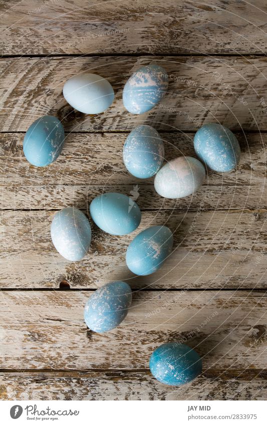 Blue Easter Eggs on rustic wood, overhead view Decoration Table Feasts & Celebrations Craft (trade) Nature Spring Flower Wood Above Turquoise Colour Tradition
