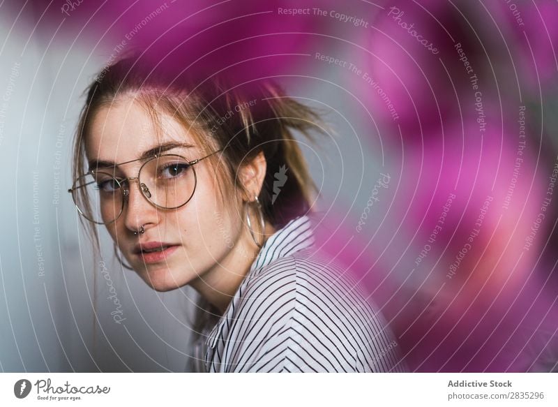 Young girl in stylish eyeglasses Woman Eyeglasses Hip & trendy Posture Portrait photograph human face Calm Style Youth (Young adults) Easygoing Wear Modern