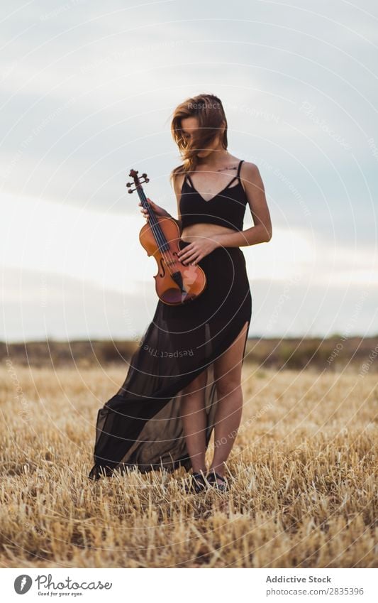 Pretty woman with violin on field - a Royalty Free Stock Photo