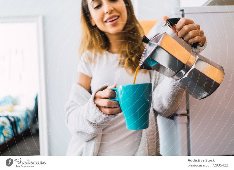 Pretty woman pouring coffee Woman pretty Home Youth (Young adults) Coffee Cup brewed Posture Portrait photograph Beautiful Lifestyle Beauty Photography