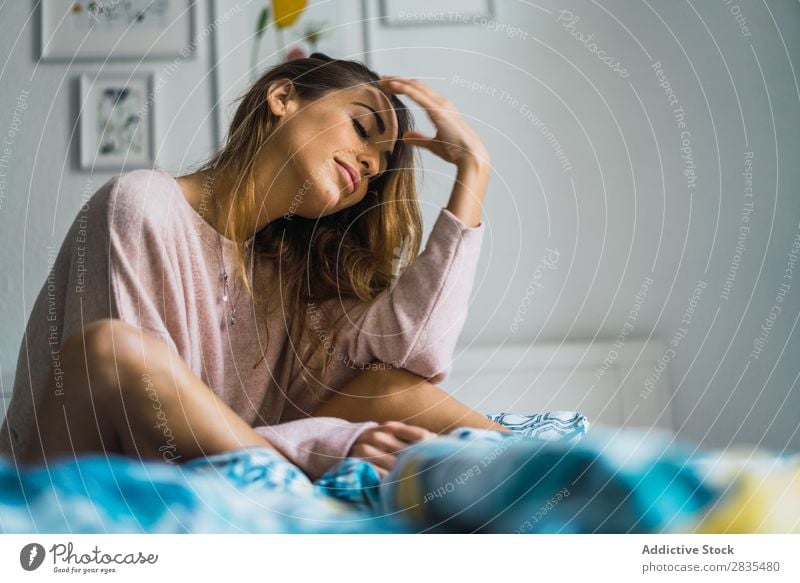 Young woman lying in bed Woman pretty Home Youth (Young adults) Cozy Bedroom Posture Portrait photograph Beautiful Lifestyle Beauty Photography Attractive Lady
