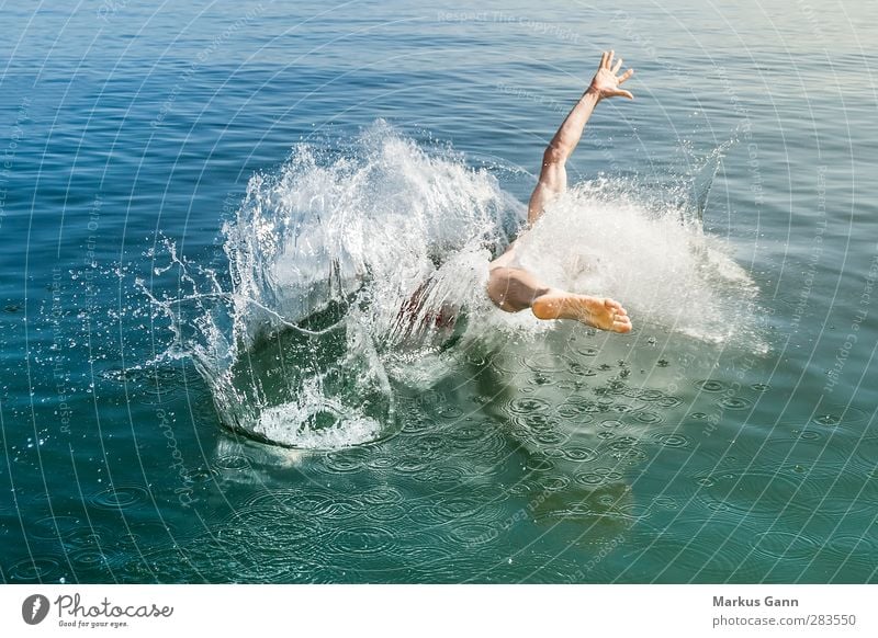 Jump into the cold water Summer Ocean Swimming & Bathing Human being Masculine Man Adults 1 30 - 45 years Water Blue Beginning Inject Aquatics Joy Movement Dive