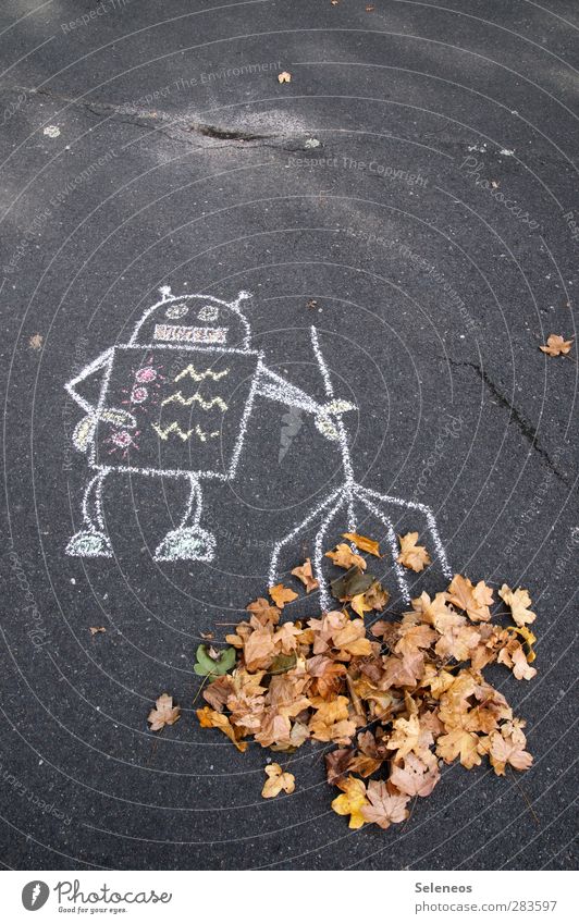 hot sweeper Street painting Nature Autumn Plant Leaf Rake Cleaning Funny Robot Chalk Chalk drawing Tidy up Colour photo Exterior shot Deserted Copy Space top