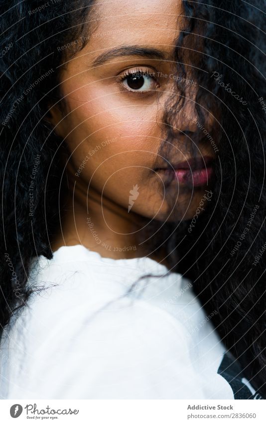 Close-up curly woman Woman pretty Youth (Young adults) Portrait photograph Looking into the camera holding hair Black African Head Beautiful Curly Brunette