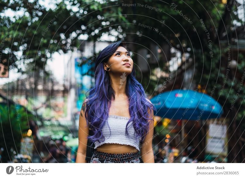Woman with purple hair on street pretty Street Youth (Young adults) Beautiful Dream Looking away Portrait photograph Hair Purple asian eastern Fashion