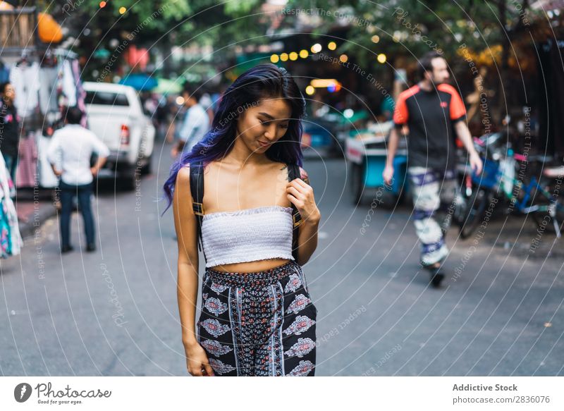 Woman with purple hair on street pretty Street Youth (Young adults) Beautiful Dream Portrait photograph Hair Purple asian eastern Fashion Attractive City