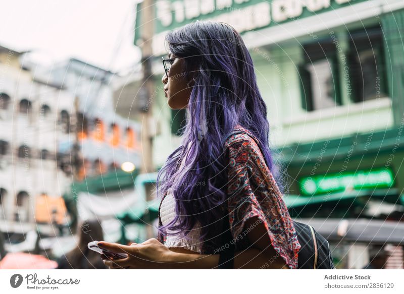 Pretty Asian woman on street Woman pretty Street Youth (Young adults) Beautiful Portrait photograph Hair Purple asian Sunglasses eastern Fashion Attractive City