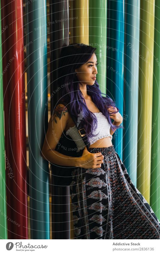 Young woman leaning on colorful columns Woman pretty Street Youth (Young adults) Beautiful Column Lean Multicoloured Portrait photograph Hair Purple asian