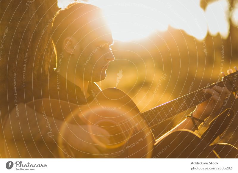 Man playing guitar in nature Guitar Nature Music Forest Sunbeam Day Lean Sit Trunk Lifestyle Musician Easygoing Guitarist Acoustic Autumn Musical Human being