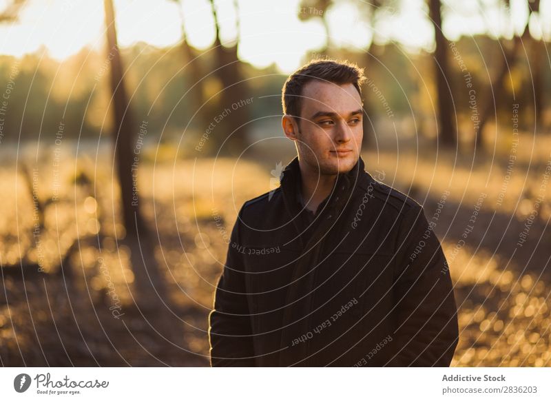 Young thoughtful man in forest Man Considerate Forest Autumn Nature Loneliness Dream Trip Portrait photograph traveler Inspiration Rest Freedom Meditative