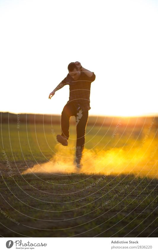 Man jumping on sunny field Field Joy Jump Happiness Summer Freedom Nature Action Human being Youth (Young adults) Meadow Grass Energy Green Lifestyle Running
