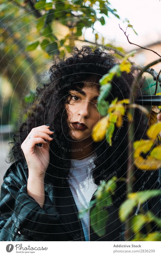 Young curly woman in park Woman Attractive City fashionable Curly Brunette Park Autumn Leaf Looking into the camera Jacket Fashion Youth (Young adults)