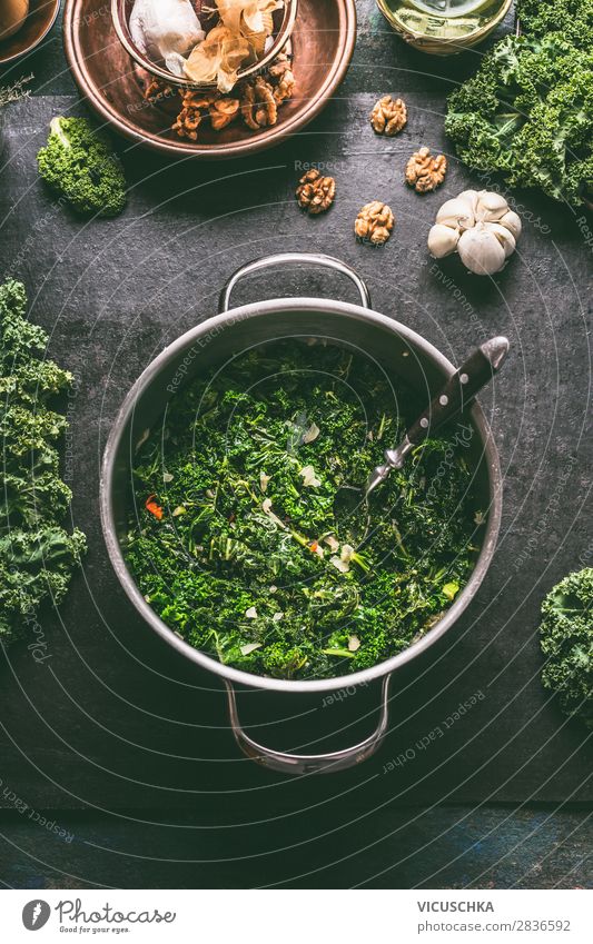 Green cabbage in saucepan Food Vegetable Soup Stew Nutrition Lunch Banquet Organic produce Vegetarian diet Diet Crockery Pot Spoon Style Design Healthy Eating