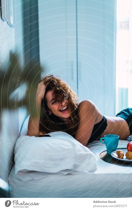 Sensual woman on bed with breakfast Woman Home Breakfast Bedroom Hair Set Underwear pretty Youth (Young adults) Posture Relaxation Portrait photograph Beautiful
