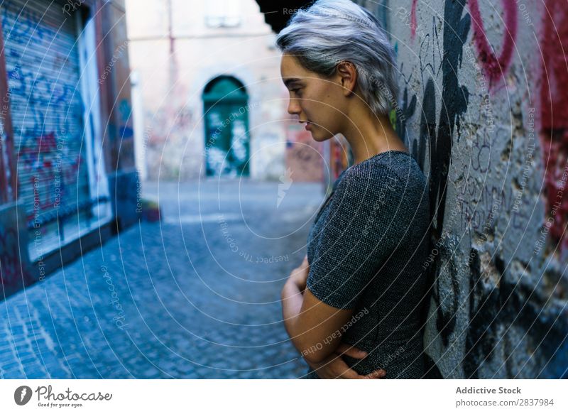 Smiling woman in alley Woman Alley Graffiti Wall (building) pretty Street Lifestyle Cheerful Calm Relaxation Blonde Walking Lovely Attractive Lady City