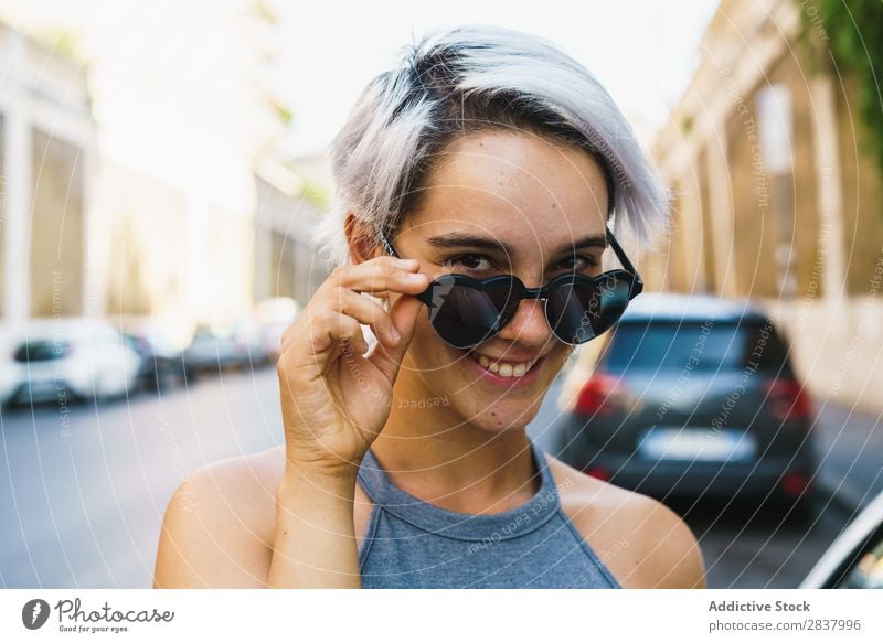 Laughing woman posing at street Woman Posture Town romantic Style Youth (Young adults) Vacation & Travel Downtown Hair and hairstyles Summer Beauty Photography