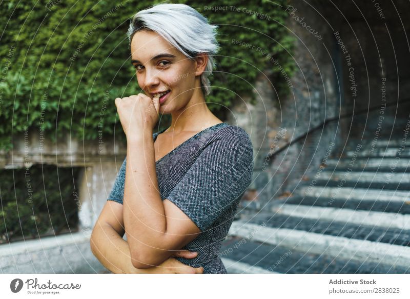 Pretty woman posing on stairs Woman Steps pretty Street Posture Youth (Young adults) Easygoing Handrail Girl Fashion City Beauty Photography step Stairs Model