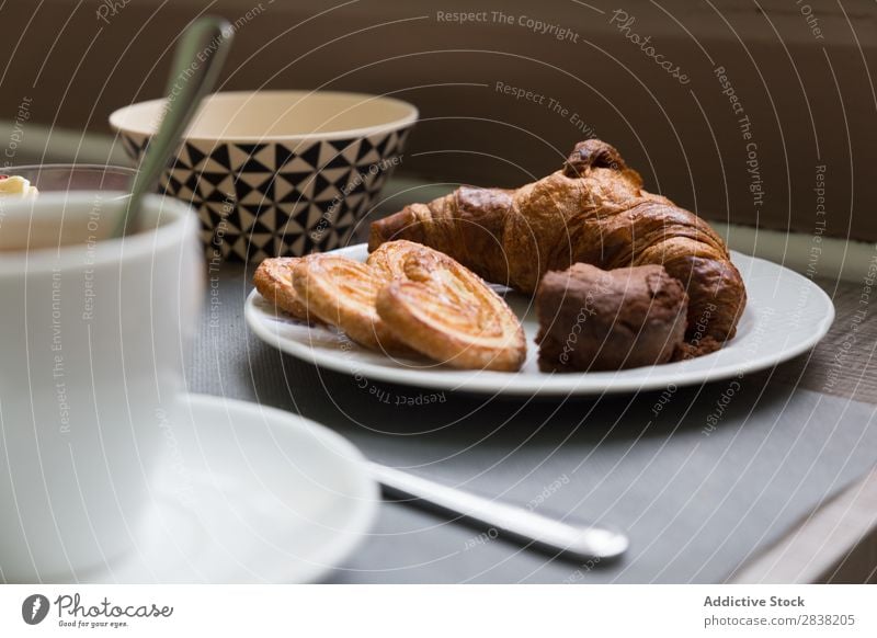 Croissant for breakfast Cookie Breakfast Close-up Coffee Cup Mug Food Sweet Meal Delicious Baked goods Fresh Healthy Morning Eating Hot Chocolate Drinking