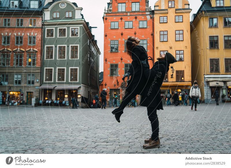 Man posing with girlfriend on street Couple Street Happy City Carrying Human being Vacation & Travel Tourism Love Happiness Relationship Cheerful