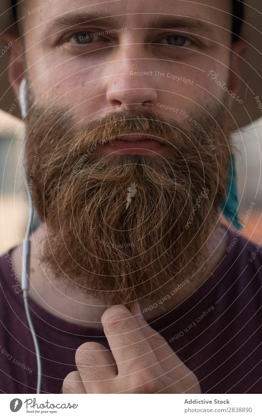 Crop bearded man posing at street Man Style grooming Hipster human face Brutal Portrait photograph Beard handsome Expression Straw hat Hip & trendy Considerate